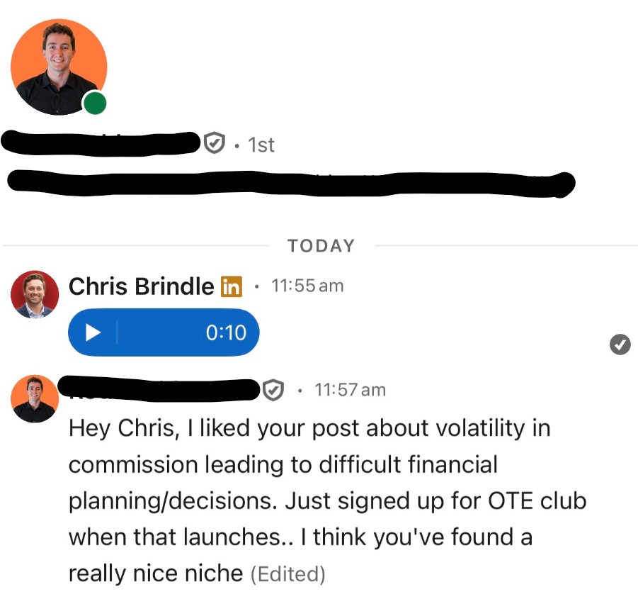 LinkedIn DM from sales professional signing up for OTE Club